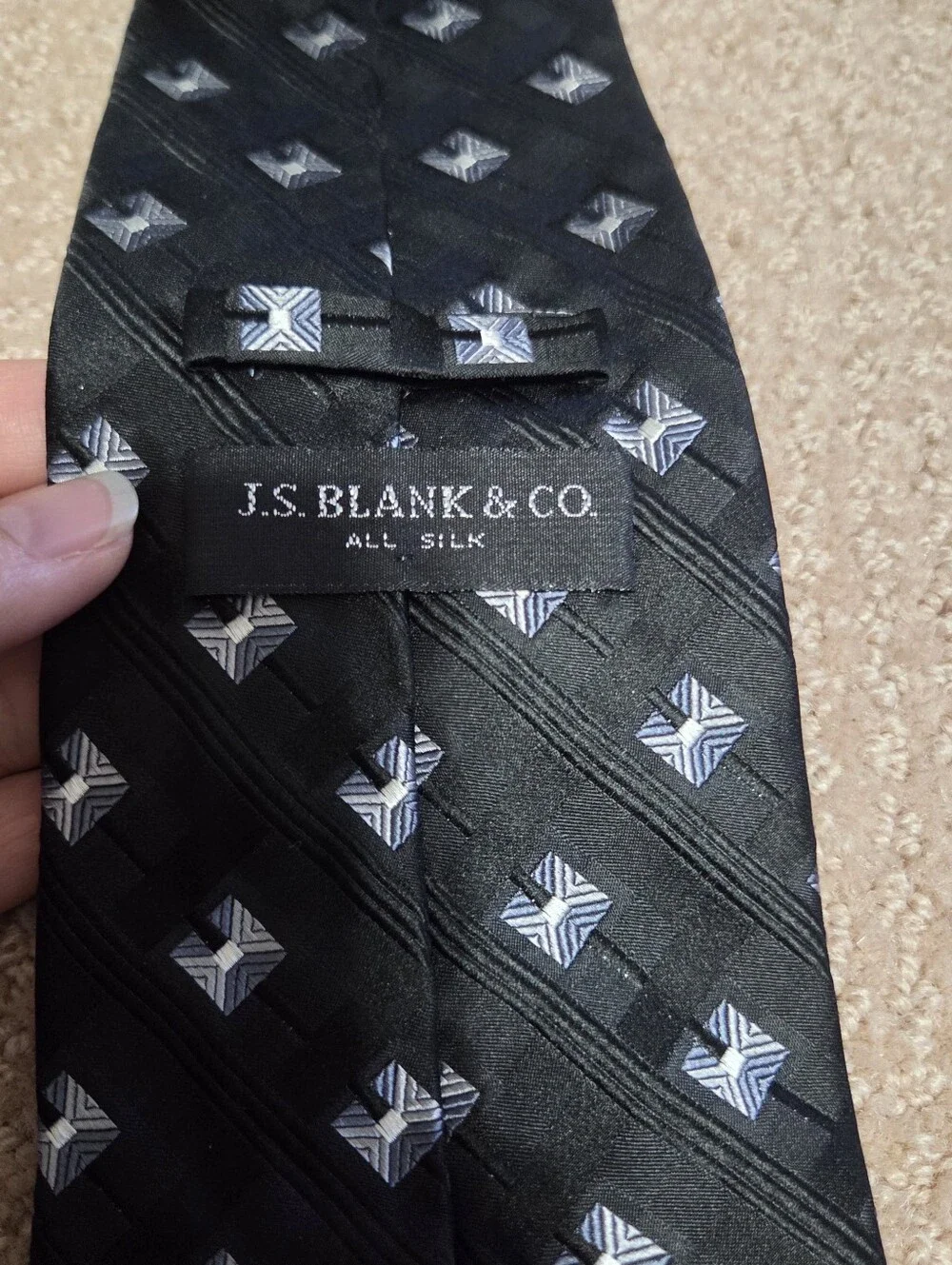 J.S. Blank & Co Mens Black Geometric Silk Tie 59in Long 4in Width Classic